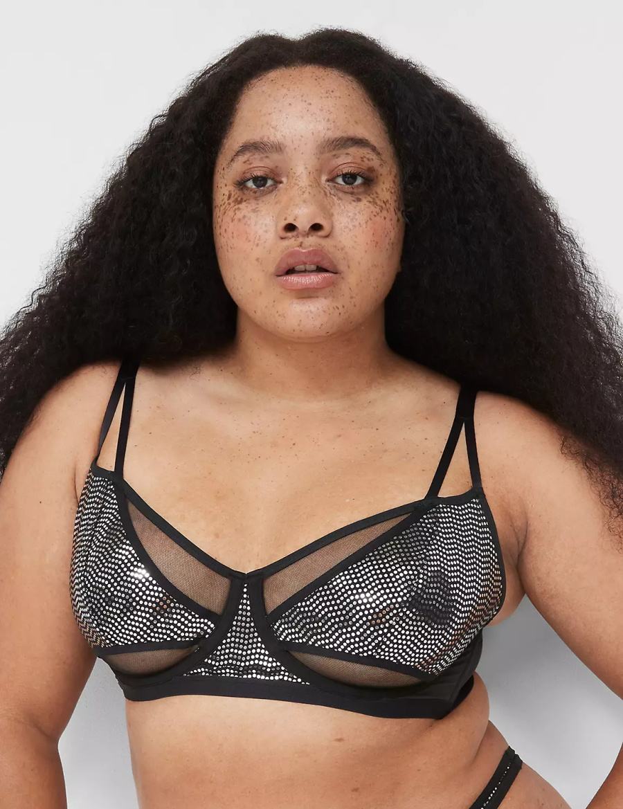 Women Lane Bryant Metallic Strappy Demi Unlined Bra Black Silver | VAH8432UO