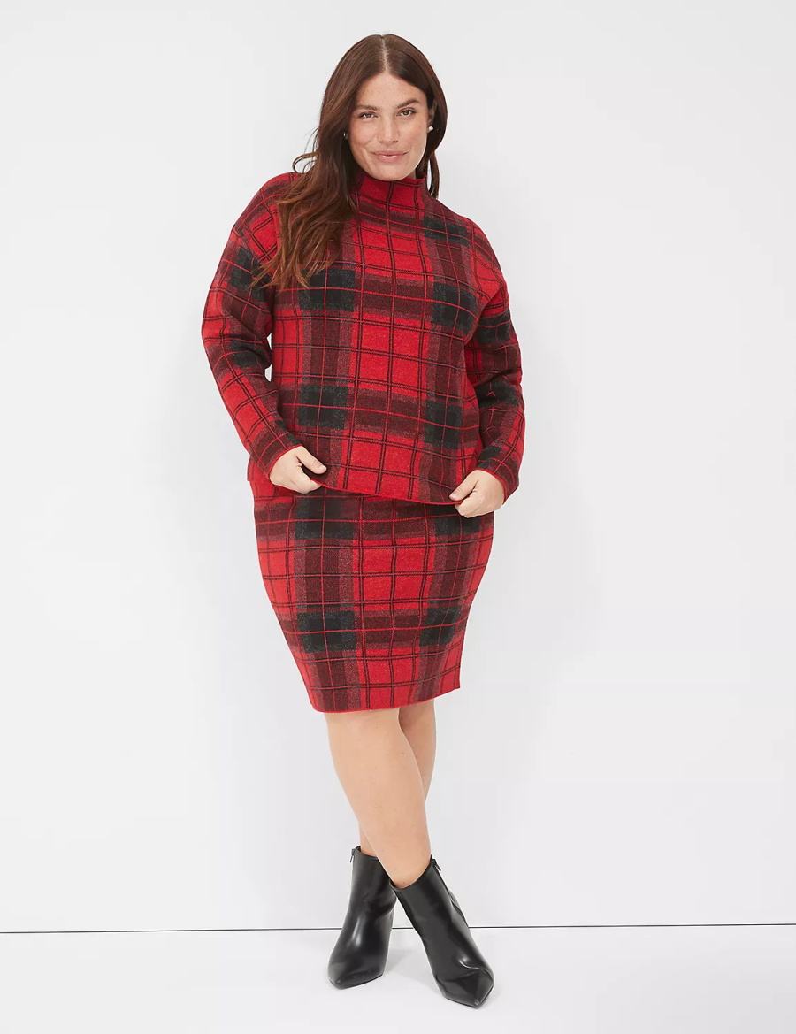 Women Lane Bryant Mock-Neck Plaid Sweaters Red | BQP7377BC