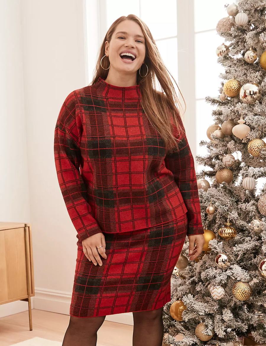 Women Lane Bryant Mock-Neck Plaid Sweaters Red | BQP7377BC