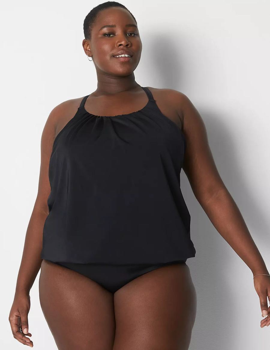 Women Lane Bryant No-Wire Blouson Swim Tankini Bikini Top Black | VEF4572IA