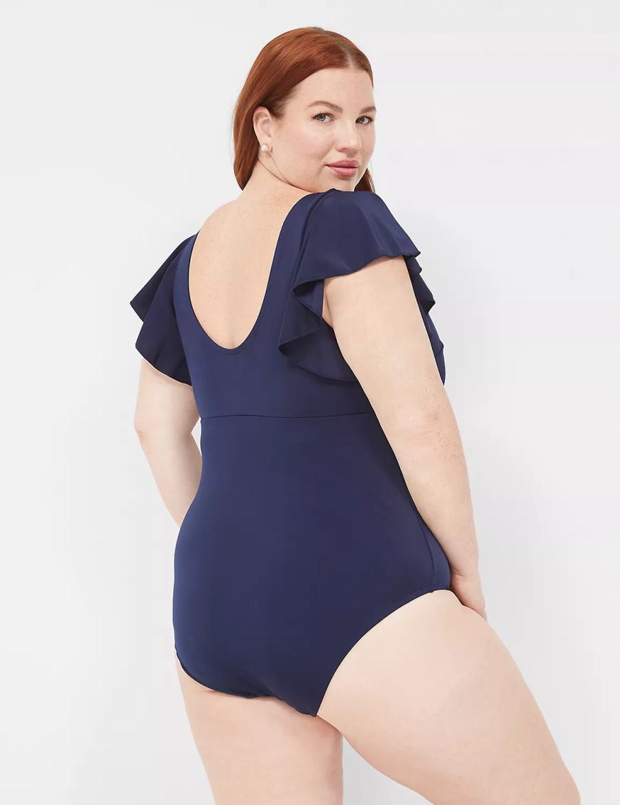 Women Lane Bryant No-Wire Flutter-Sleeve One-Piece Swimsuits Blue | ZFD9833RP