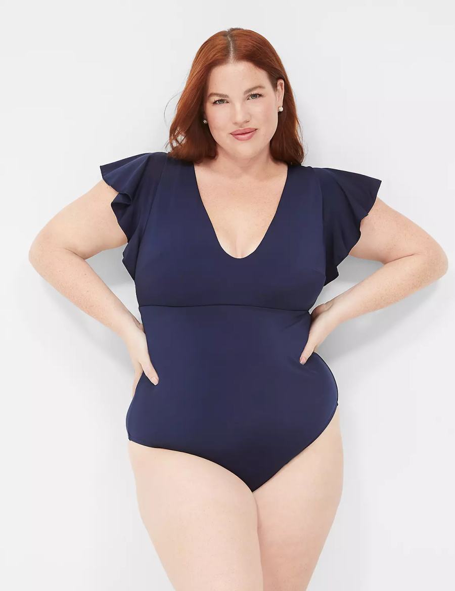 Women Lane Bryant No-Wire Flutter-Sleeve One-Piece Swimsuits Blue | ZFD9833RP