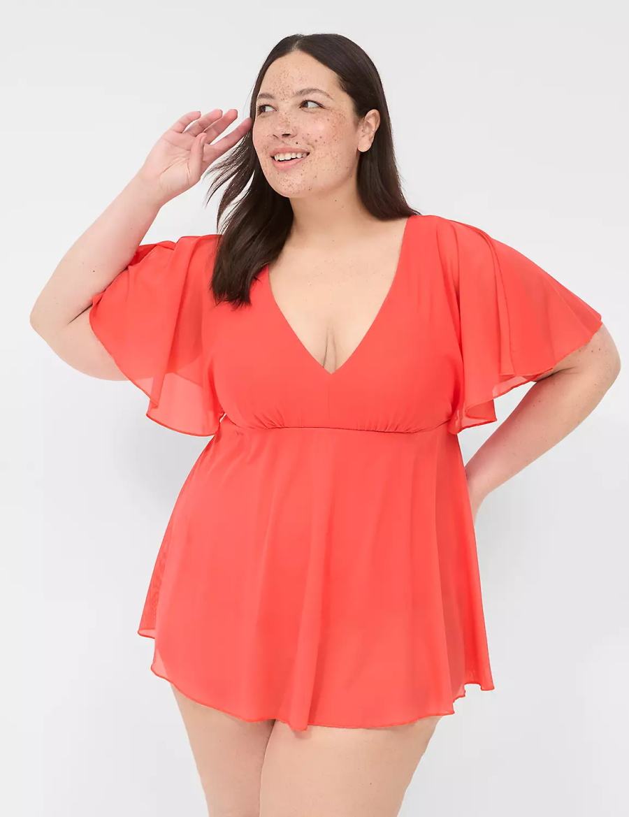 Women Lane Bryant No-Wire Flutter-Sleeve Swim Dress Coral | WZB1470OP