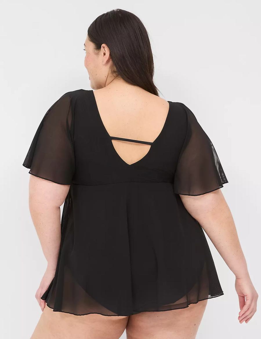 Women Lane Bryant No-Wire Flutter-Sleeve Swim Dress Black | NNH149TG