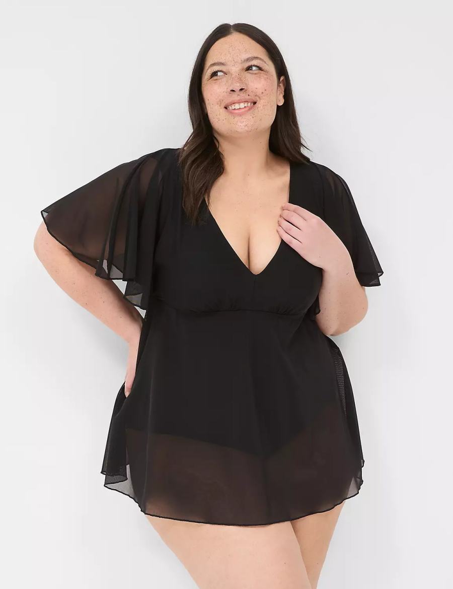 Women Lane Bryant No-Wire Flutter-Sleeve Swim Dress Black | NNH149TG