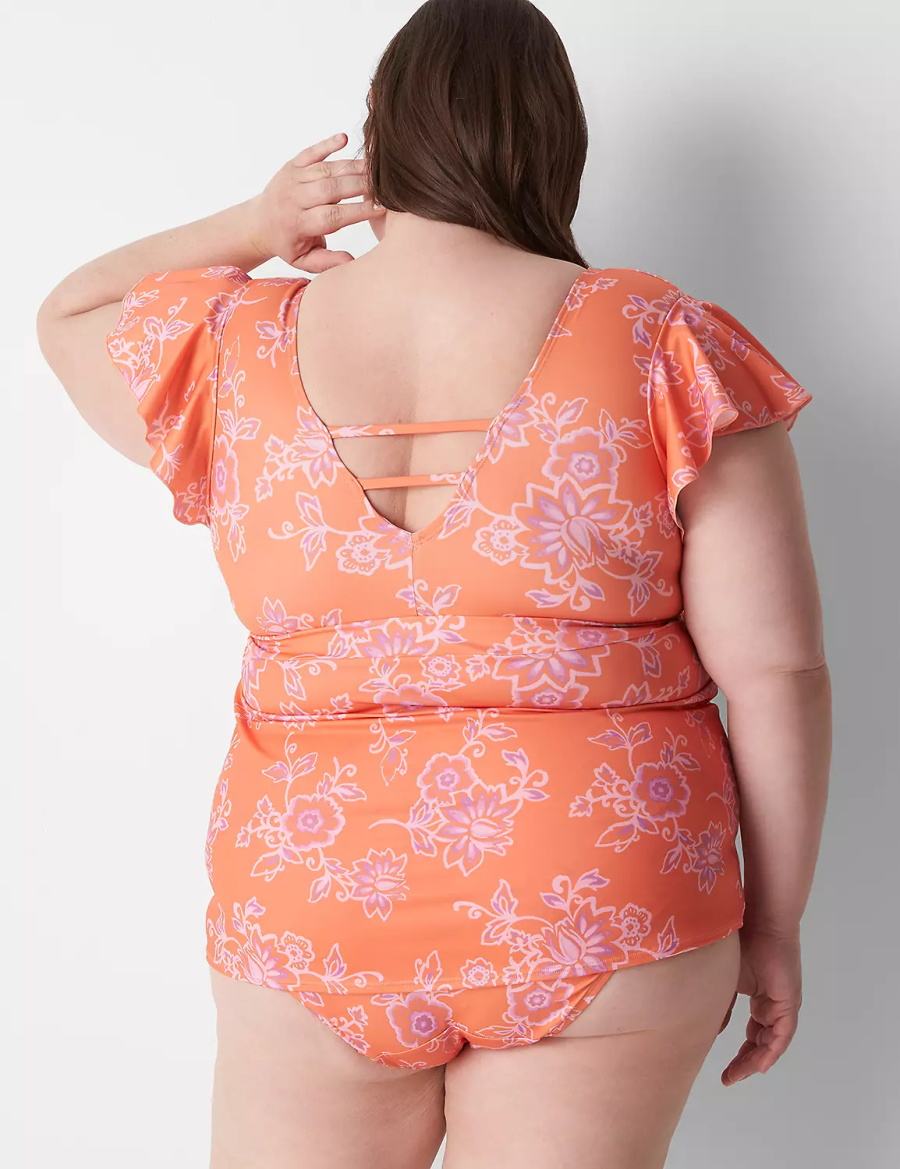 Women Lane Bryant No-Wire Flutter-Sleeve Swim Tankini Bikini Top Pink | IAN866LR