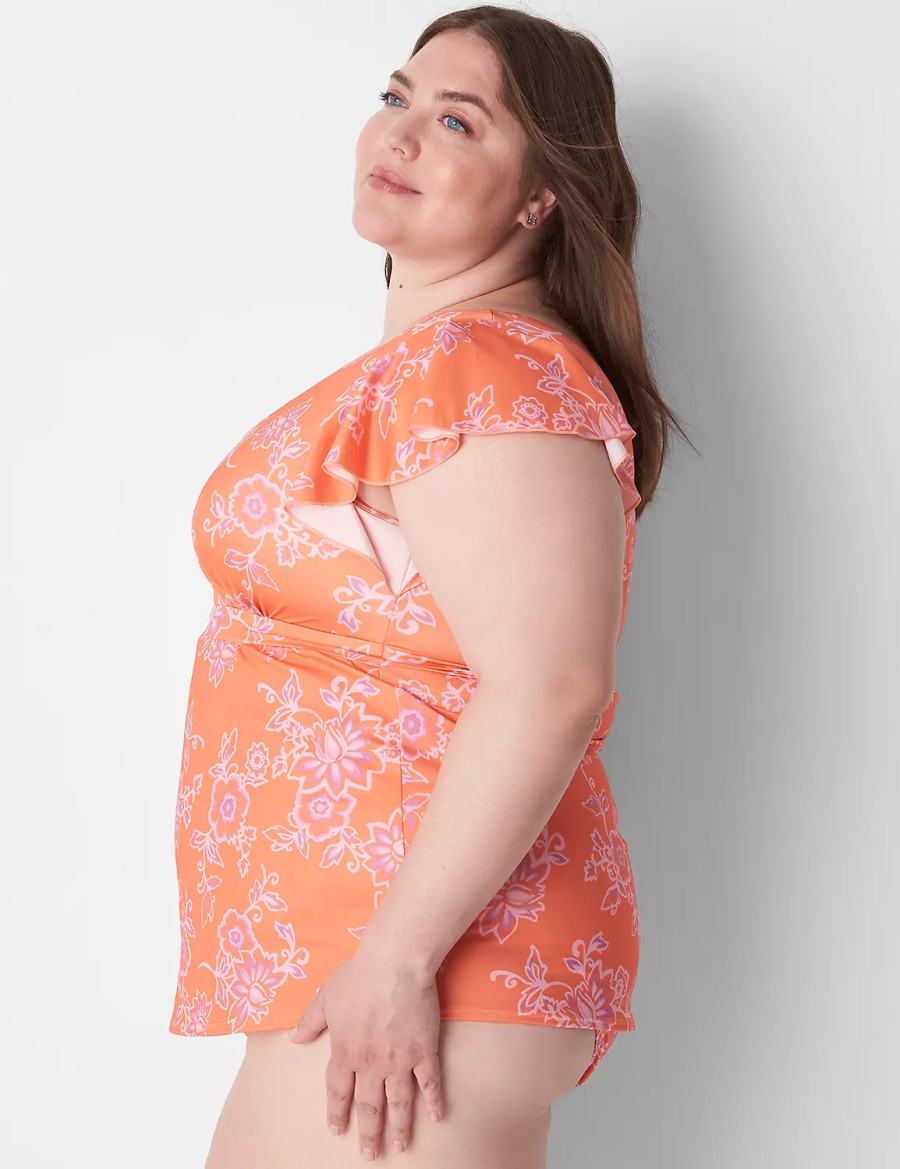 Women Lane Bryant No-Wire Flutter-Sleeve Swim Tankini Bikini Top Pink | IAN866LR