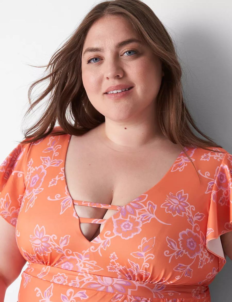Women Lane Bryant No-Wire Flutter-Sleeve Swim Tankini Bikini Top Pink | IAN866LR