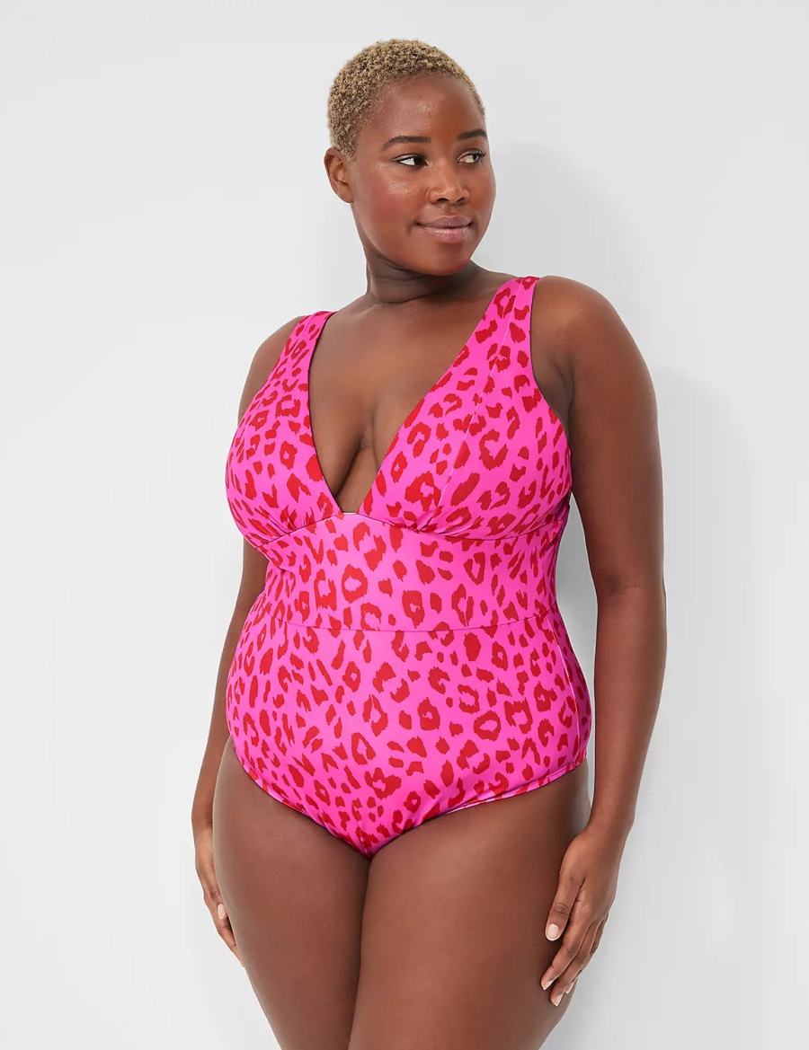 Women Lane Bryant No-Wire Plunge One-Piece Swimsuits Pink | EWY5330BU