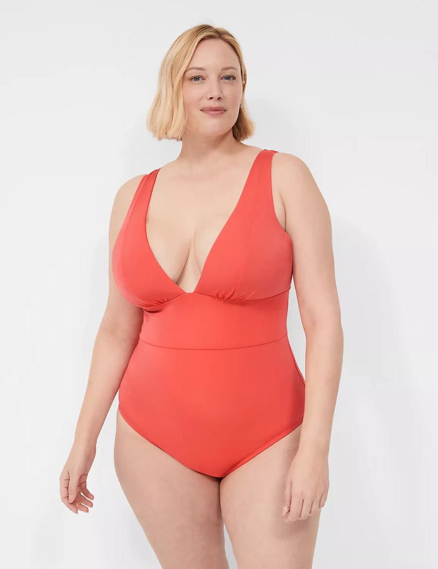 Women Lane Bryant No-Wire Plunge One-Piece Swimsuits Coral | CVJ5258MA