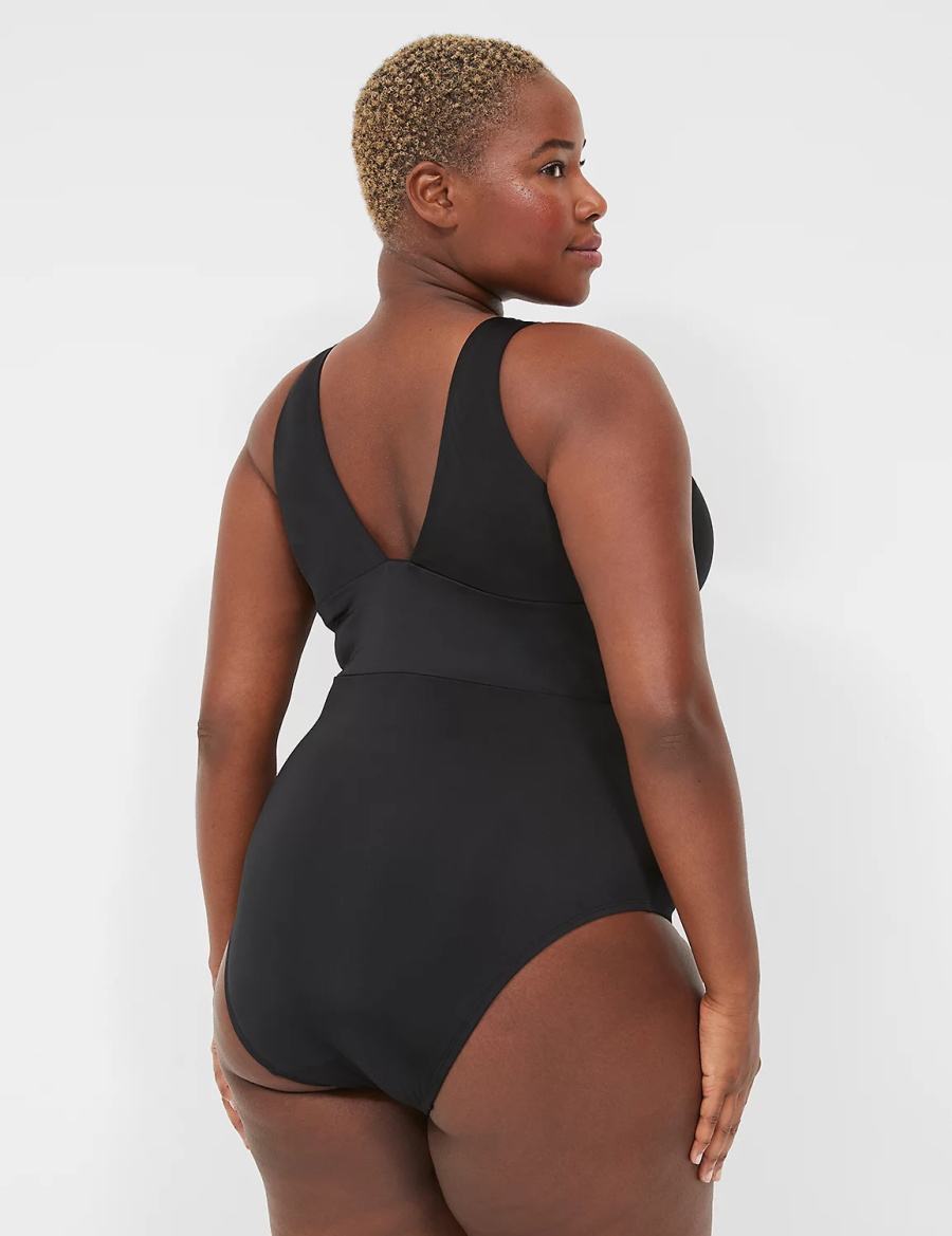 Women Lane Bryant No-Wire Plunge One-Piece Swimsuits Black | QEX1464MW