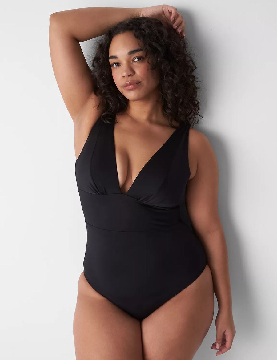 Women Lane Bryant No-Wire Plunge One-Piece Swimsuits Black | QEX1464MW