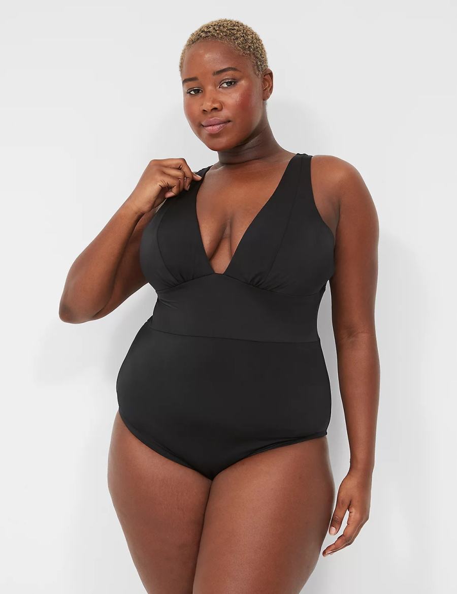 Women Lane Bryant No-Wire Plunge One-Piece Swimsuits Black | QEX1464MW