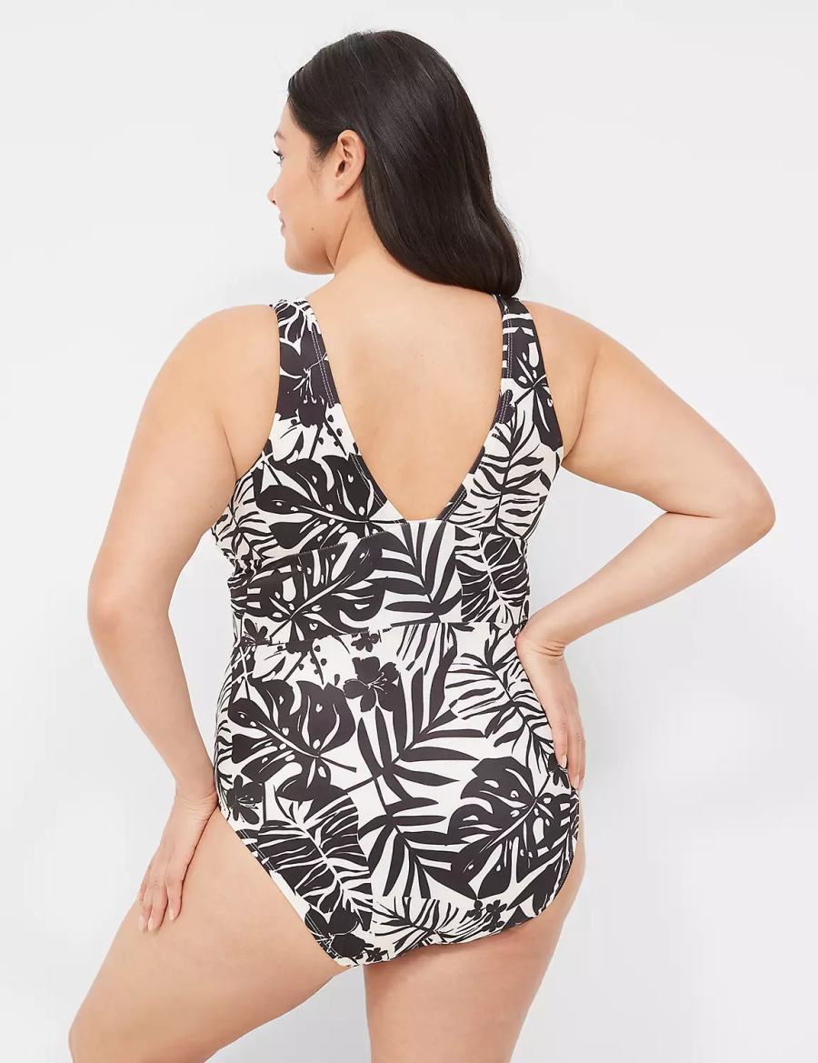 Women Lane Bryant No-Wire Plunge One-Piece Swimsuits White Black | TQL1697JG