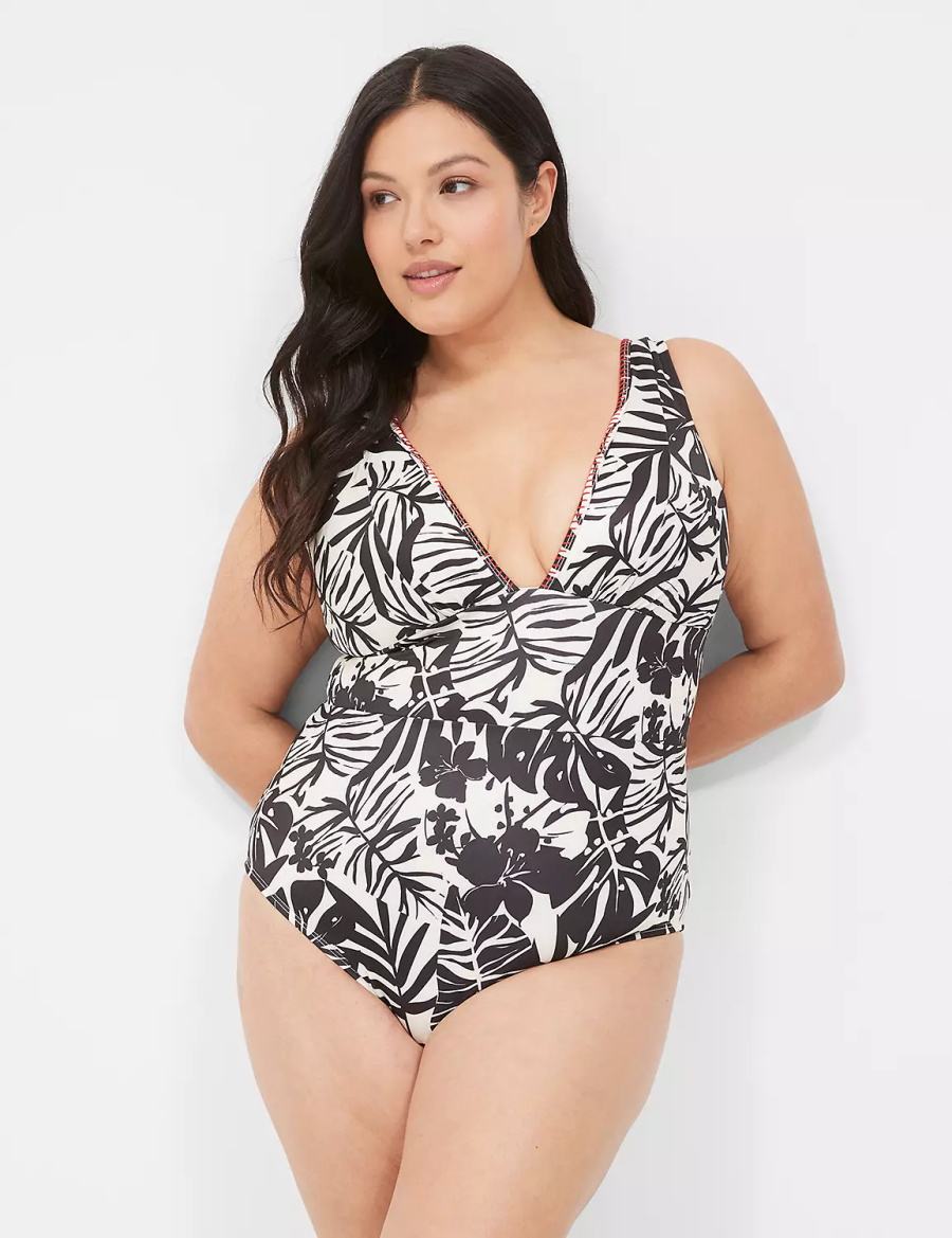 Women Lane Bryant No-Wire Plunge One-Piece Swimsuits White Black | TQL1697JG