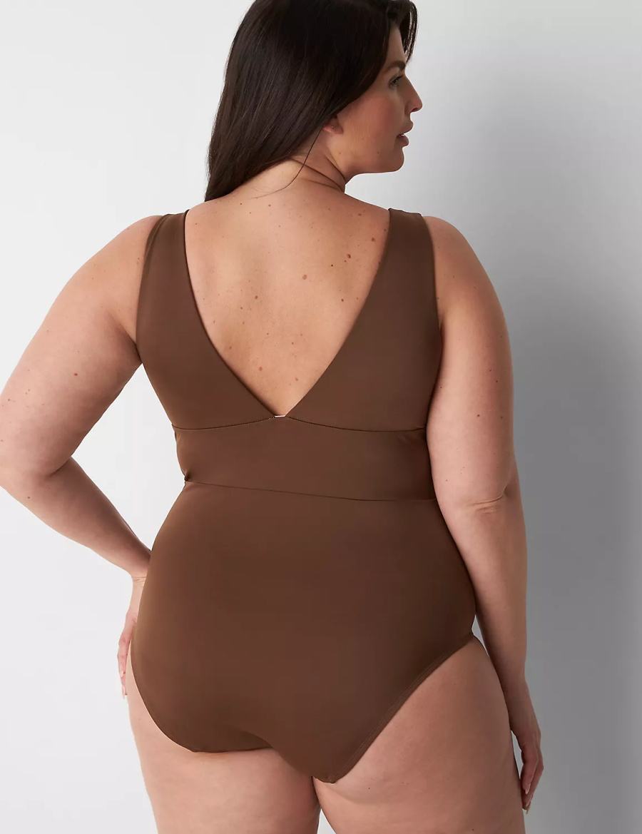 Women Lane Bryant No-Wire Plunge One-Piece Swimsuits Dark Brown | DSV5065UB