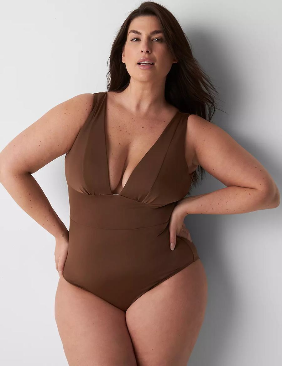 Women Lane Bryant No-Wire Plunge One-Piece Swimsuits Dark Brown | DSV5065UB