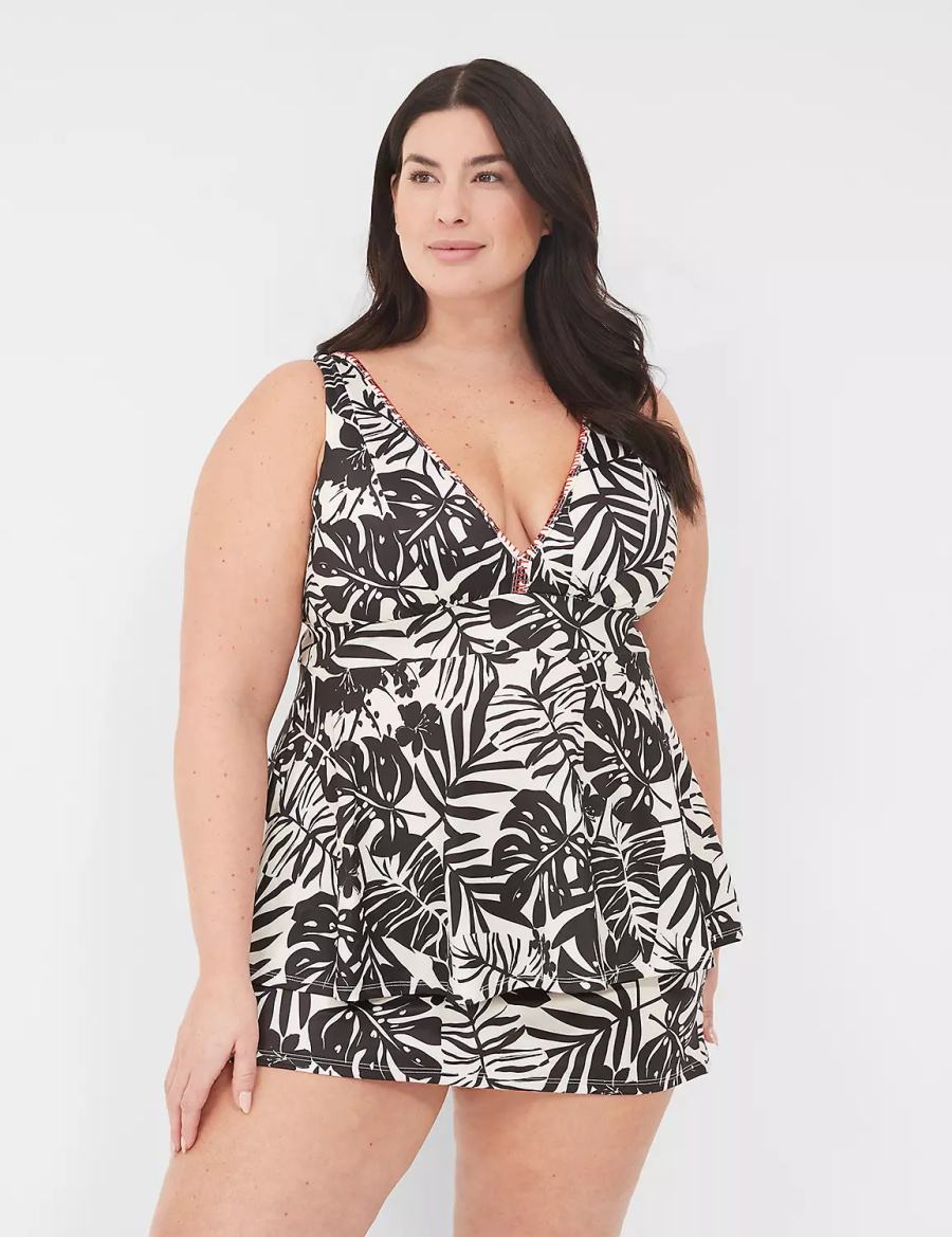 Women Lane Bryant No-Wire Plunge Tankini Bikini Top White Black | OSE8984YP