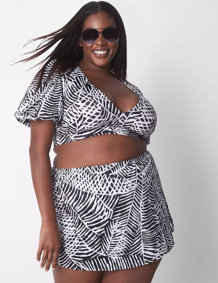 Women Lane Bryant No-Wire Puff-Sleeve Swim Bikini Top White Black | RQT7656VH