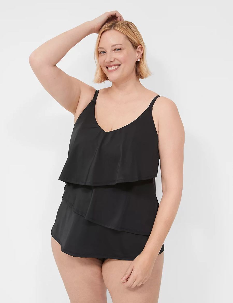 Women Lane Bryant No-Wire Three-Tier Tankini Bikini Top Black | PXA1020UR
