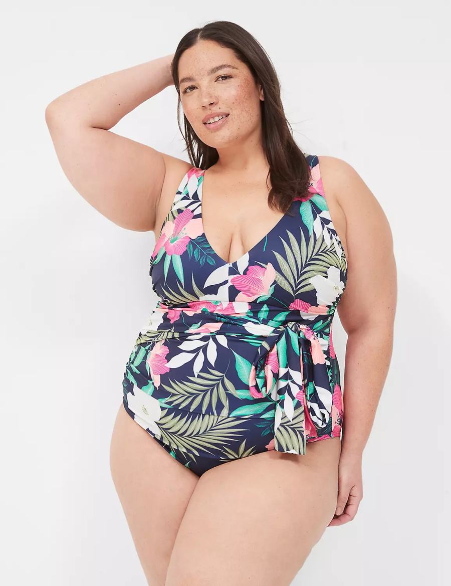Women Lane Bryant No-Wire Wrap One-Piece Swimsuits Navy | HLH6229SY