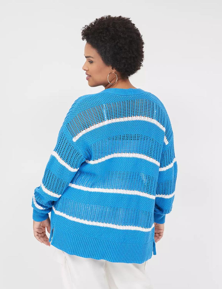 Women Lane Bryant Open Front Striped Cardigan Blue | FFW628JF
