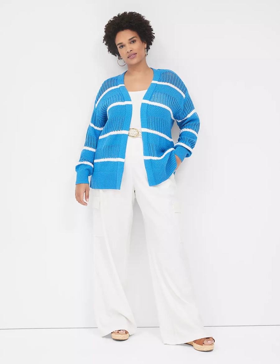 Women Lane Bryant Open Front Striped Cardigan Blue | FFW628JF