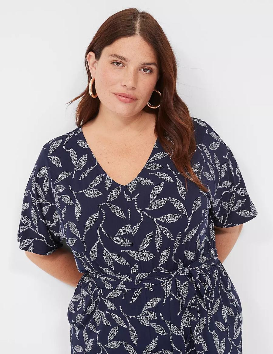 Women Lane Bryant Perfect Kimono Sleeve V-Neck Jersey Jumpsuit Dark Blue | OQW1177CG