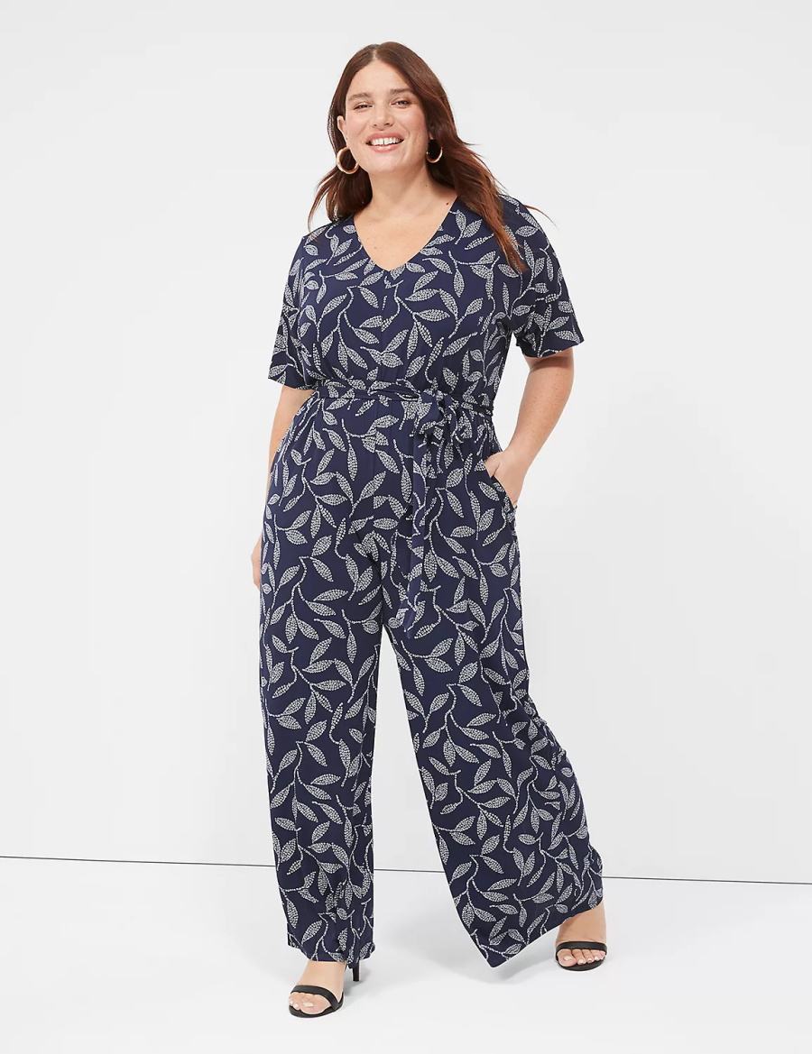 Women Lane Bryant Perfect Kimono Sleeve V-Neck Jersey Jumpsuit Dark Blue | OQW1177CG