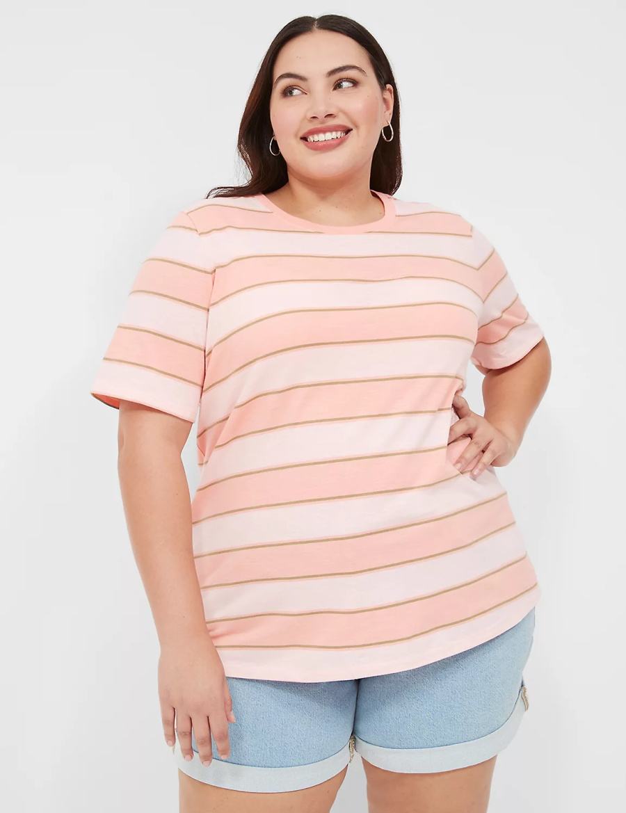 Women Lane Bryant Perfect Sleeve Crew-Neck Tee T Shirts Orange Stripes | LLH3938LJ