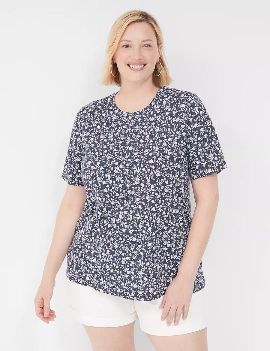 Women Lane Bryant Perfect Sleeve Crew-Neck Tee T Shirts Blue Purple | ZNC10092ML