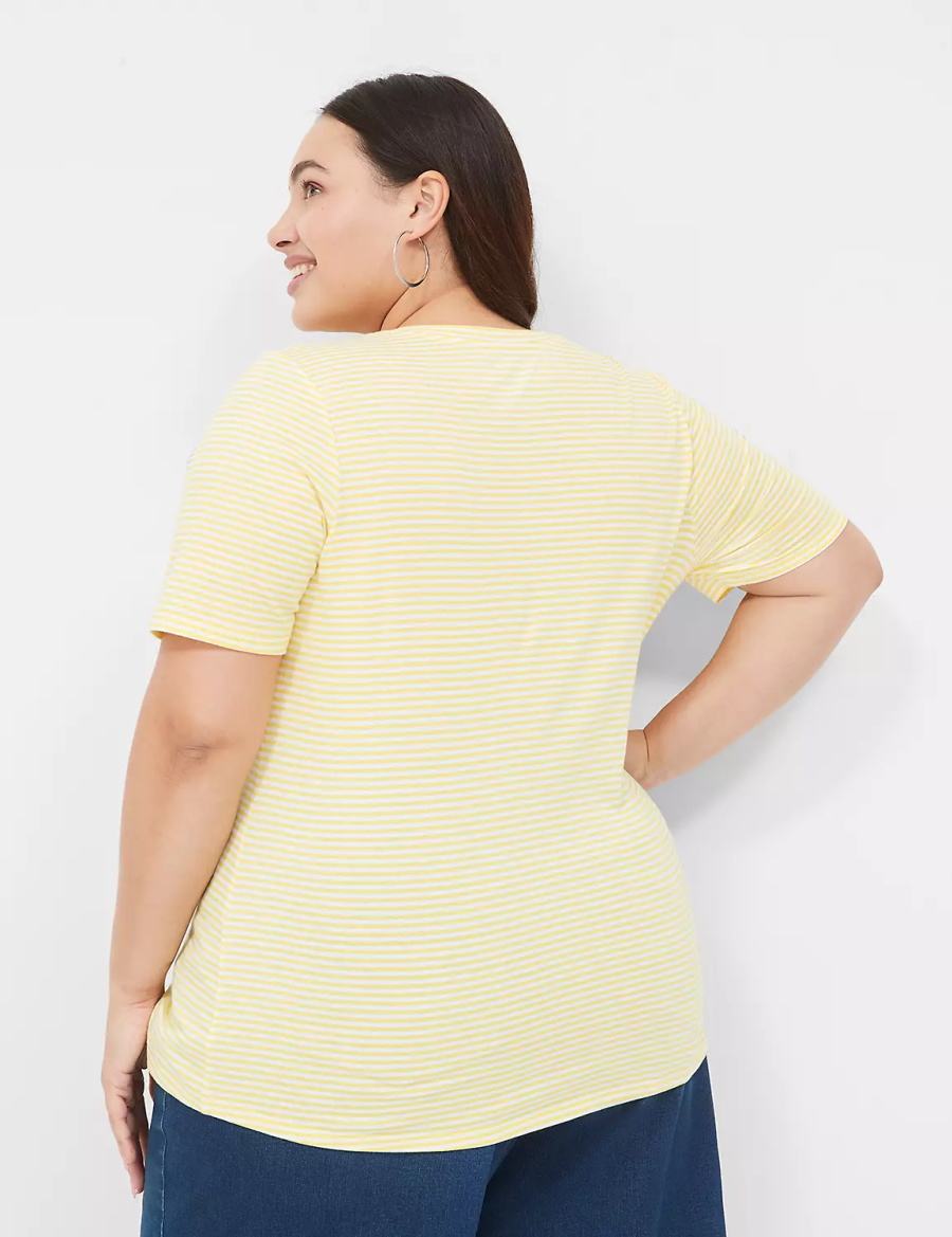 Women Lane Bryant Perfect Sleeve V-Neck Tee T Shirts Yellow Stripes | YEK2539RW