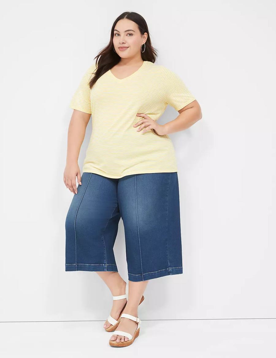 Women Lane Bryant Perfect Sleeve V-Neck Tee T Shirts Yellow Stripes | YEK2539RW