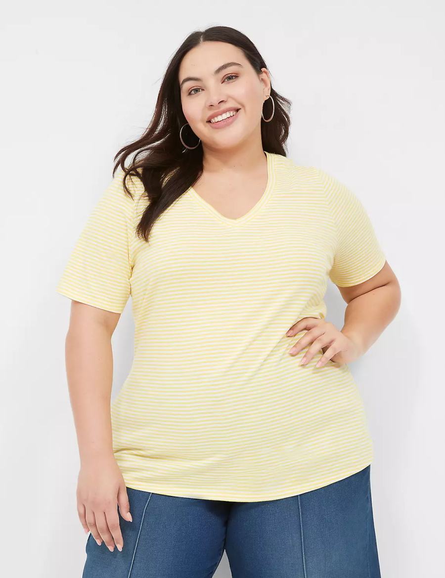 Women Lane Bryant Perfect Sleeve V-Neck Tee T Shirts Yellow Stripes | YEK2539RW