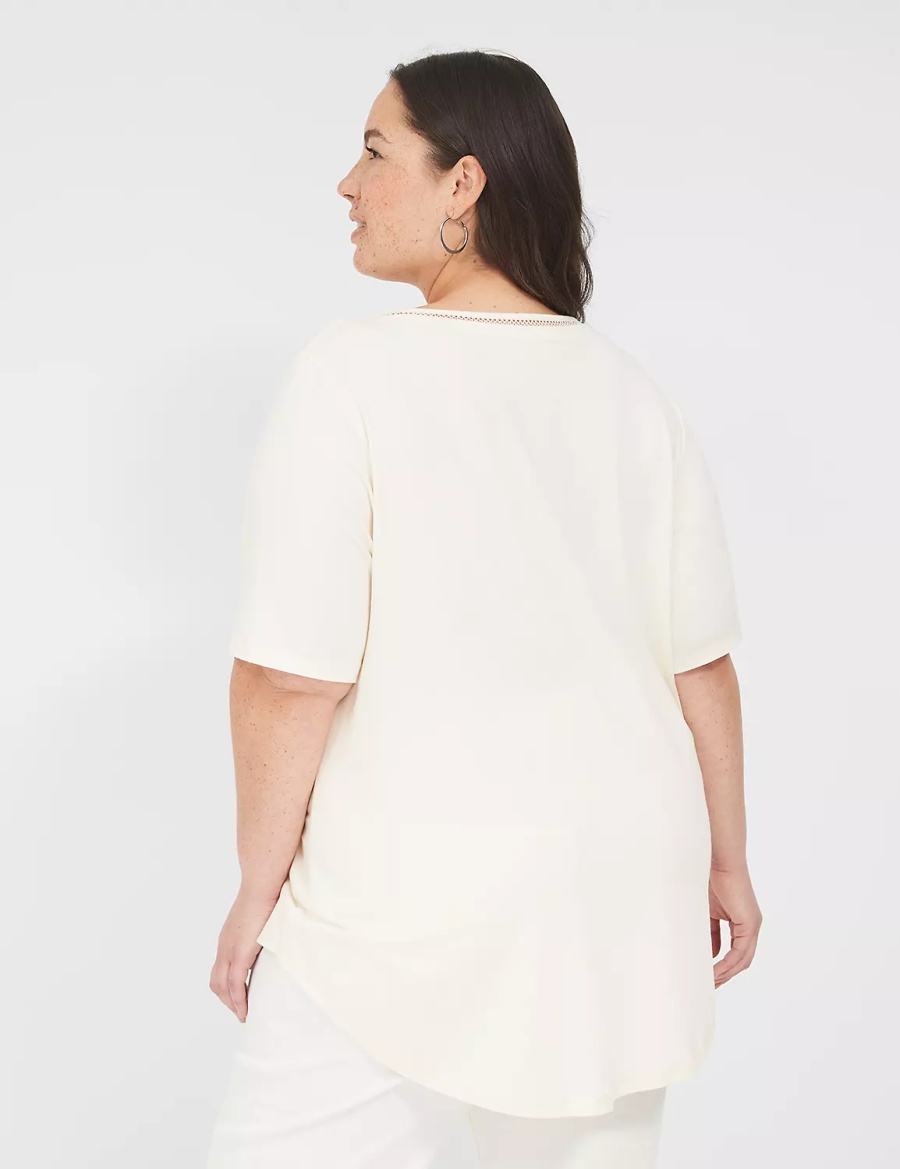 Women Lane Bryant Perfect Sleeve V-Neck Trim-Detail Tee T Shirts White | PIR6619OM