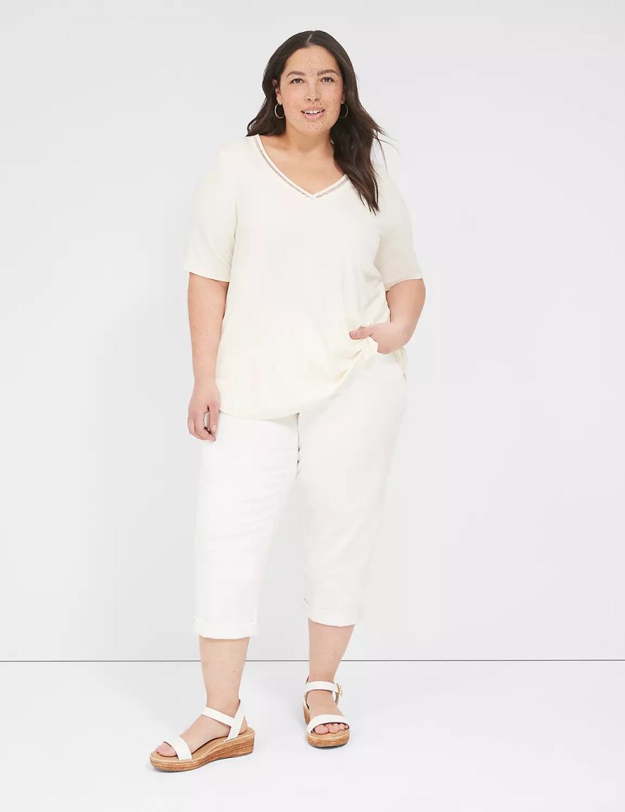 Women Lane Bryant Perfect Sleeve V-Neck Trim-Detail Tee T Shirts White | PIR6619OM