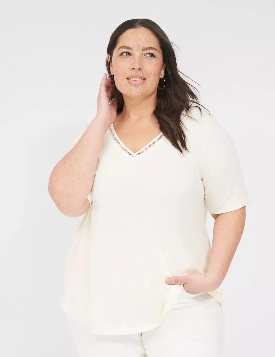 Women Lane Bryant Perfect Sleeve V-Neck Trim-Detail Tee T Shirts White | PIR6619OM