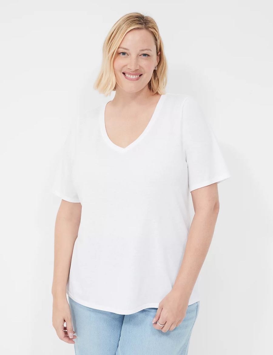 Women Lane Bryant Perfect Sleeve V-Neck Tee T Shirts White | TDC6480NA