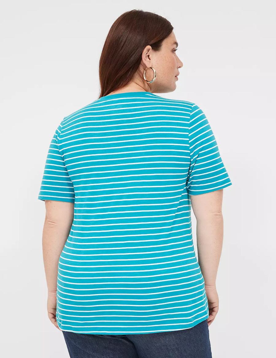 Women Lane Bryant Perfect Sleeve V-Neck Tee T Shirts Turquoise Stripes | HTW5325VF