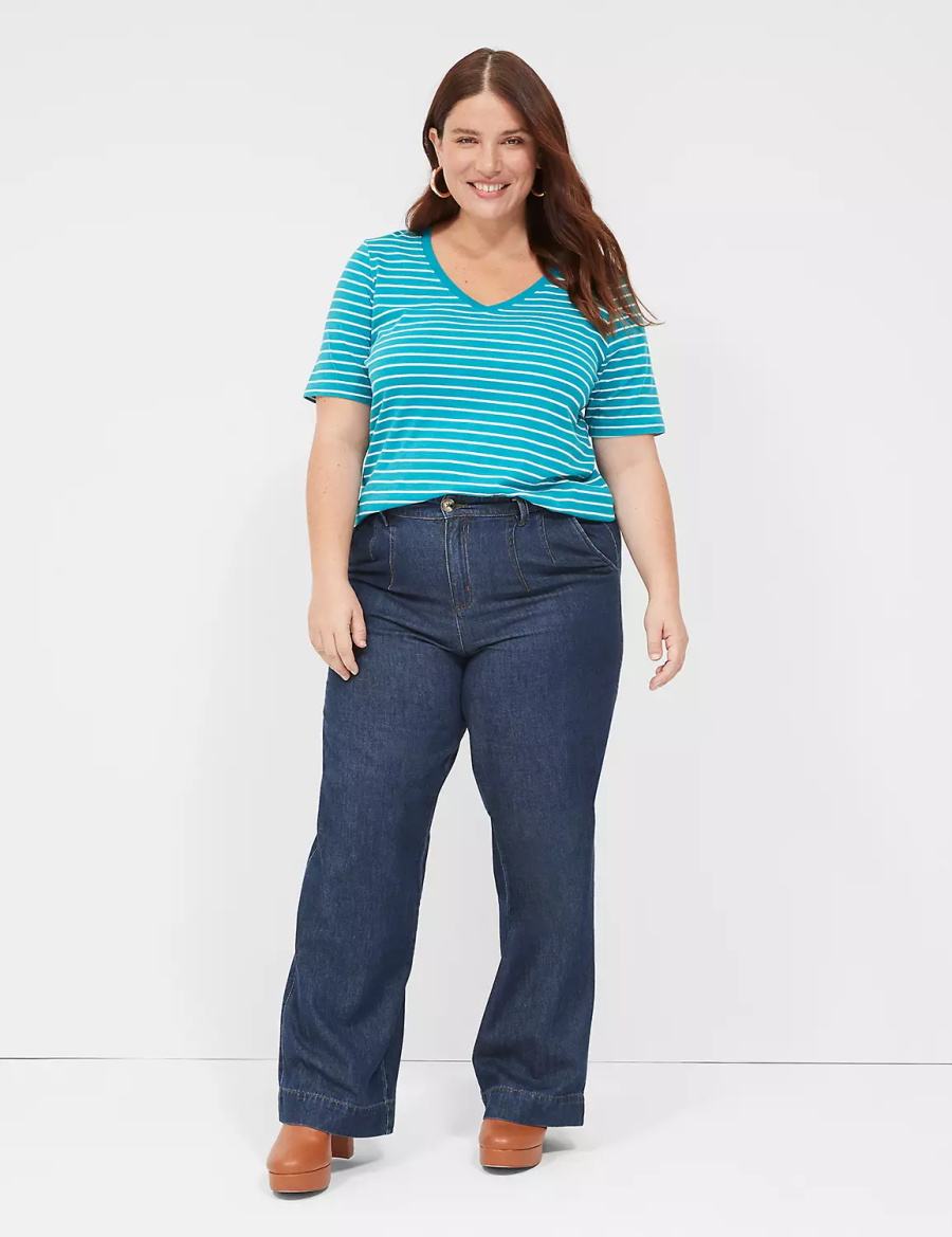 Women Lane Bryant Perfect Sleeve V-Neck Tee T Shirts Turquoise Stripes | HTW5325VF
