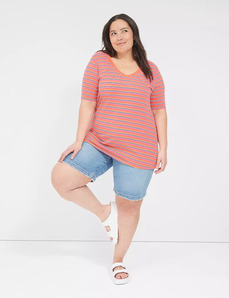 Women Lane Bryant Perfect Sleeve V-Neck Tee T Shirts Orange Stripes | APH5096VI