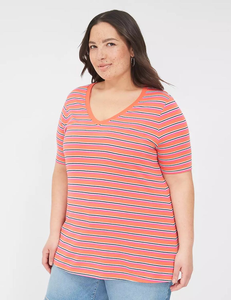 Women Lane Bryant Perfect Sleeve V-Neck Tee T Shirts Orange Stripes | APH5096VI