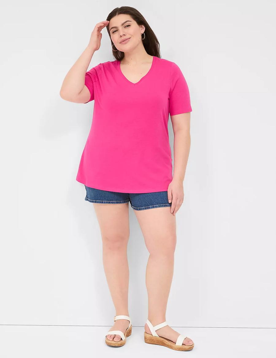 Women Lane Bryant Perfect Sleeve V-Neck Tee T Shirts Pink | GTS511OH