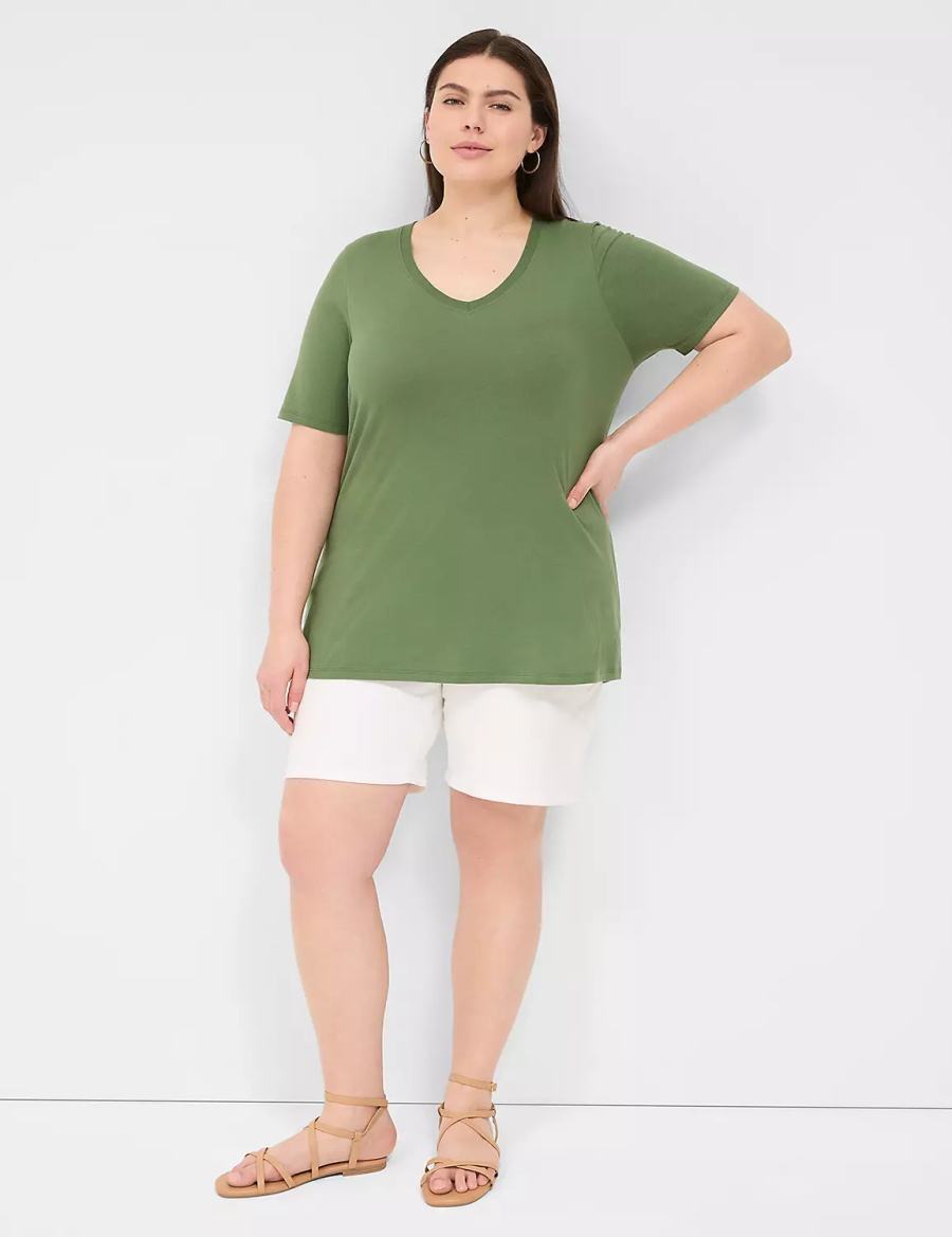 Women Lane Bryant Perfect Sleeve V-Neck Tee T Shirts Brown Green | QPI6431UT