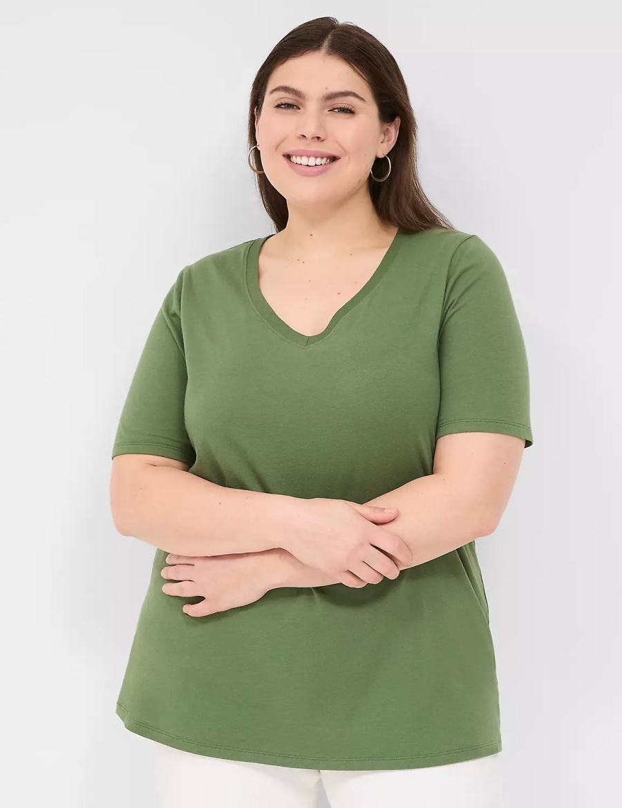 Women Lane Bryant Perfect Sleeve V-Neck Tee T Shirts Brown Green | QPI6431UT