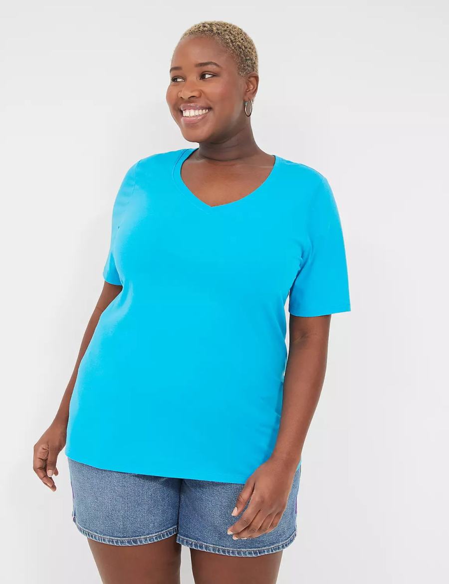 Women Lane Bryant Perfect Sleeve V-Neck Tee T Shirts Blue | XAZ9010XM