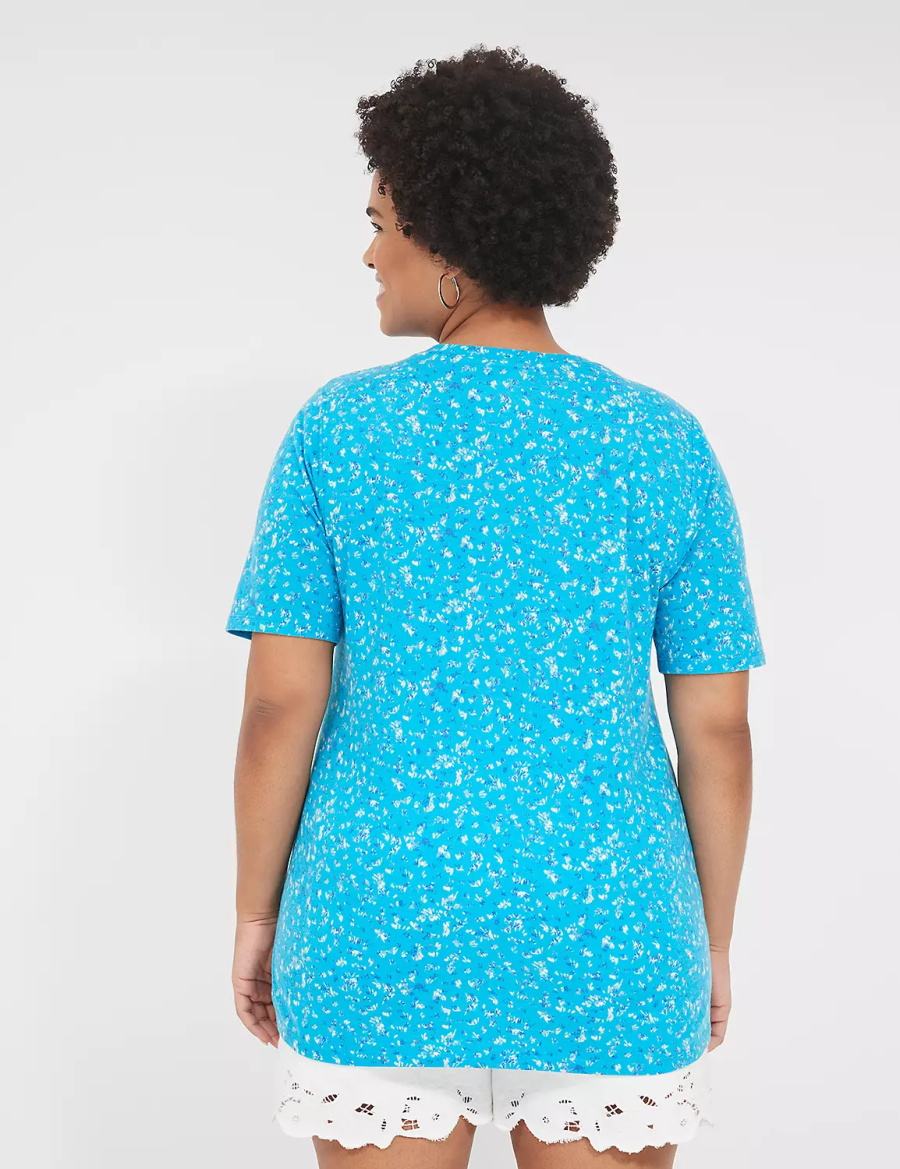 Women Lane Bryant Perfect Sleeve V-Neck Tee T Shirts Blue | PFF7137XK