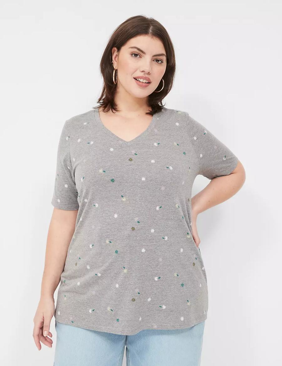 Women Lane Bryant Perfect Sleeve V-Neck Tee T Shirts Grey | RUD2913PK