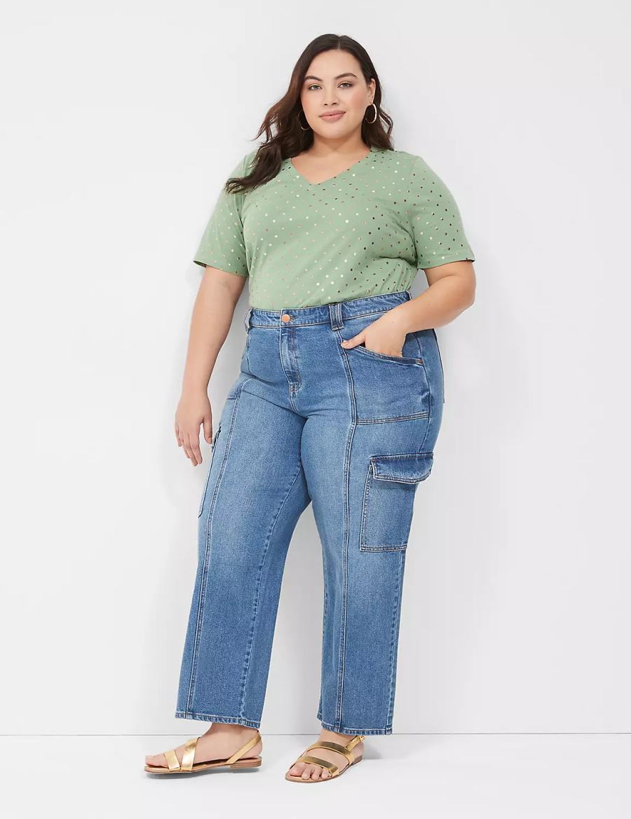 Women Lane Bryant Perfect Sleeve V-Neck Tee T Shirts Green | TER4529CR