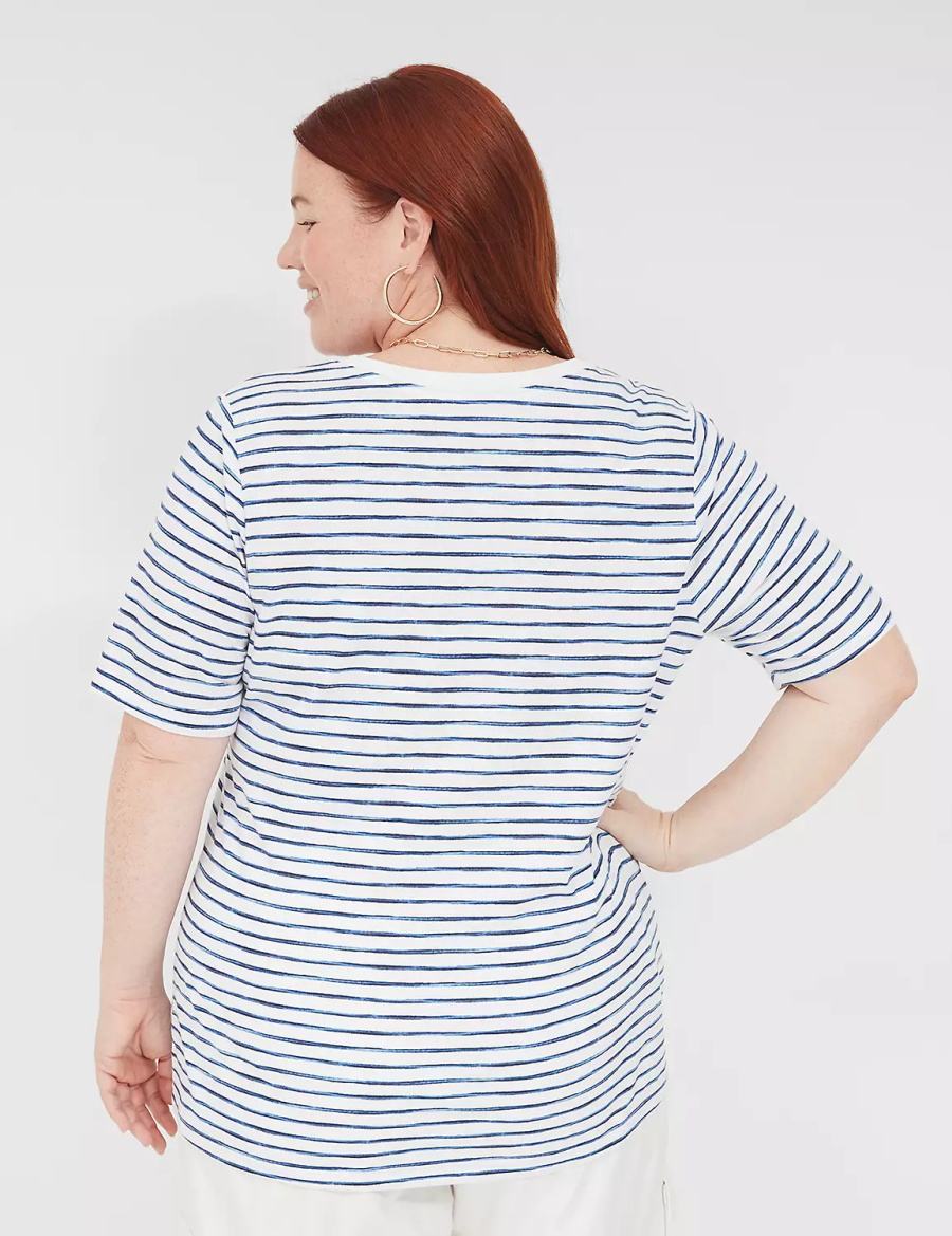 Women Lane Bryant Perfect Sleeve V-Neck Tee T Shirts White Blue | RPL652QT